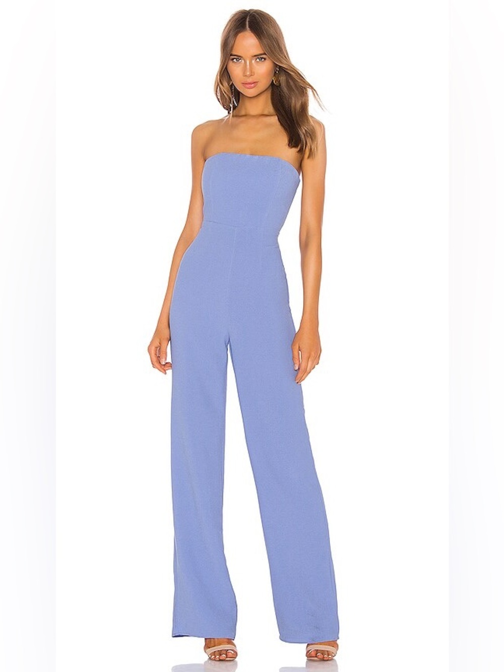 NBD REVOLVE Ivy Strapless Tie Back Wide Leg Jumpsuit Light Blue Size S
